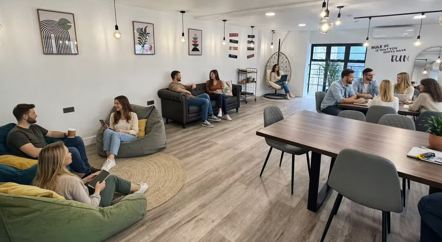 Large social lounge with seating and work tables