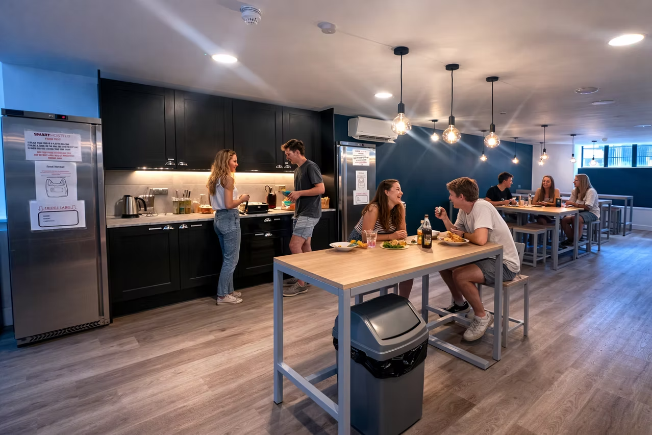 Guests eating and socialising in the communal kitchen