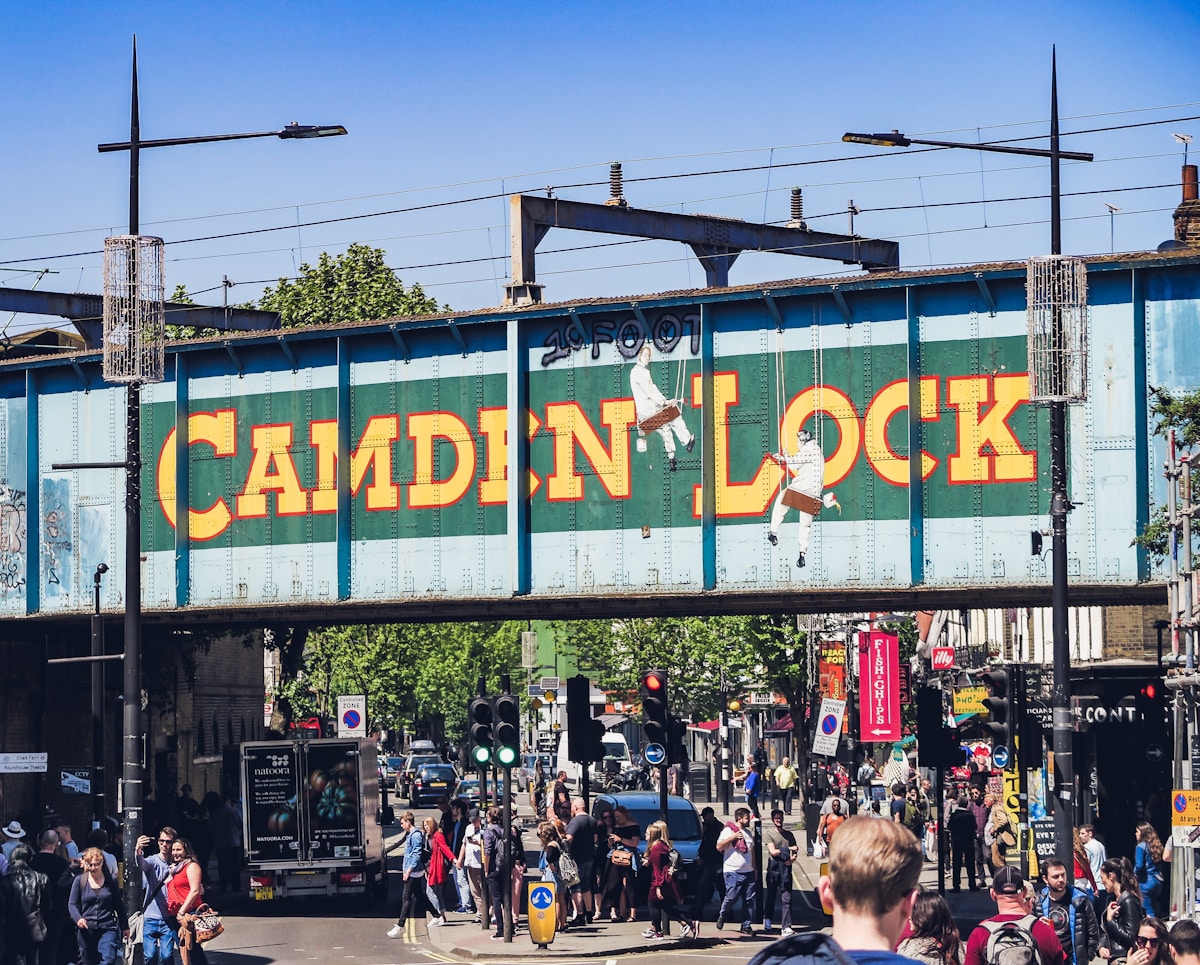 Camden Market street art and neon signs along the canal in London