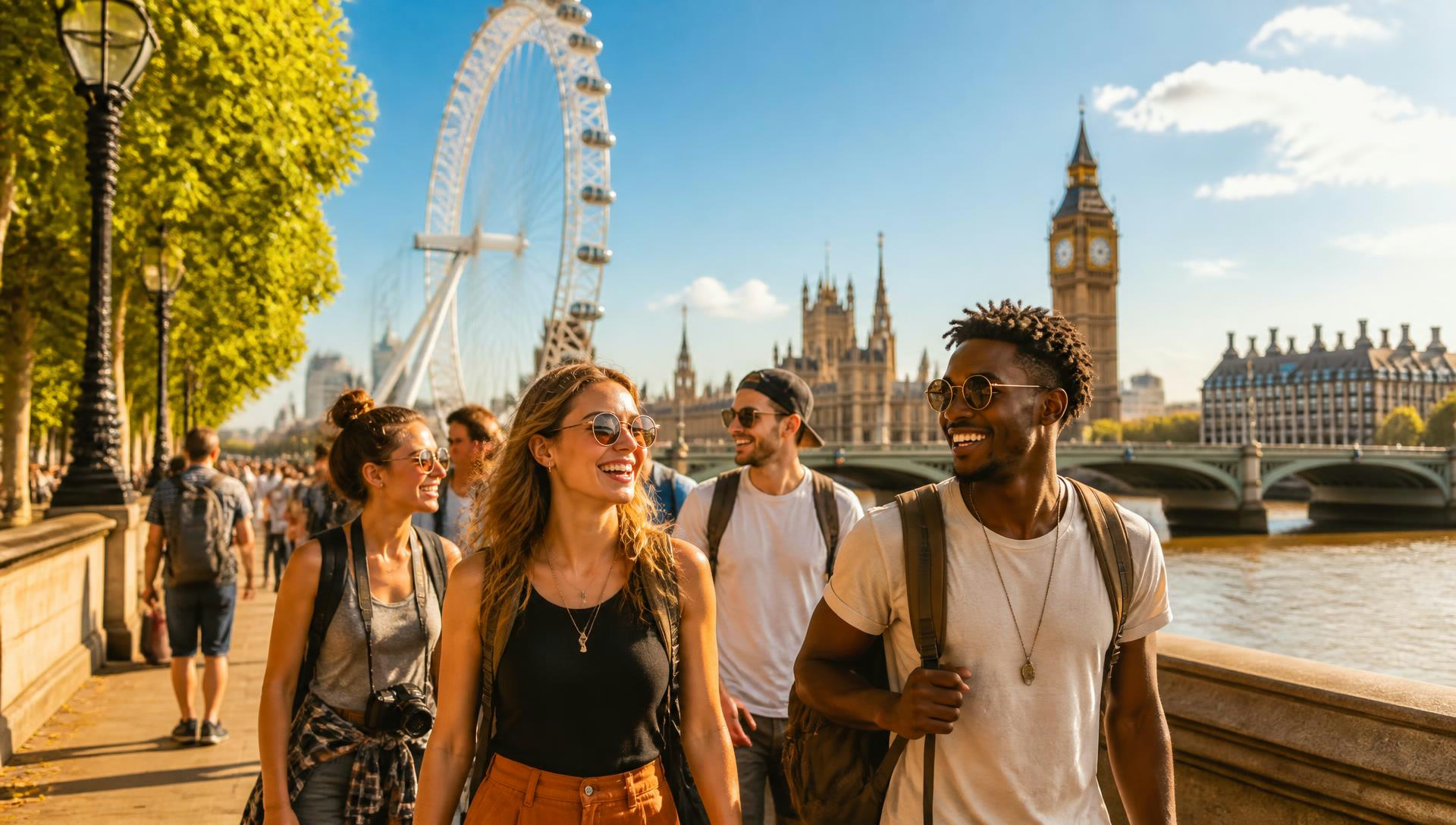 Young backpackers walking along the South Bank with the London Eye and Big Ben in the background