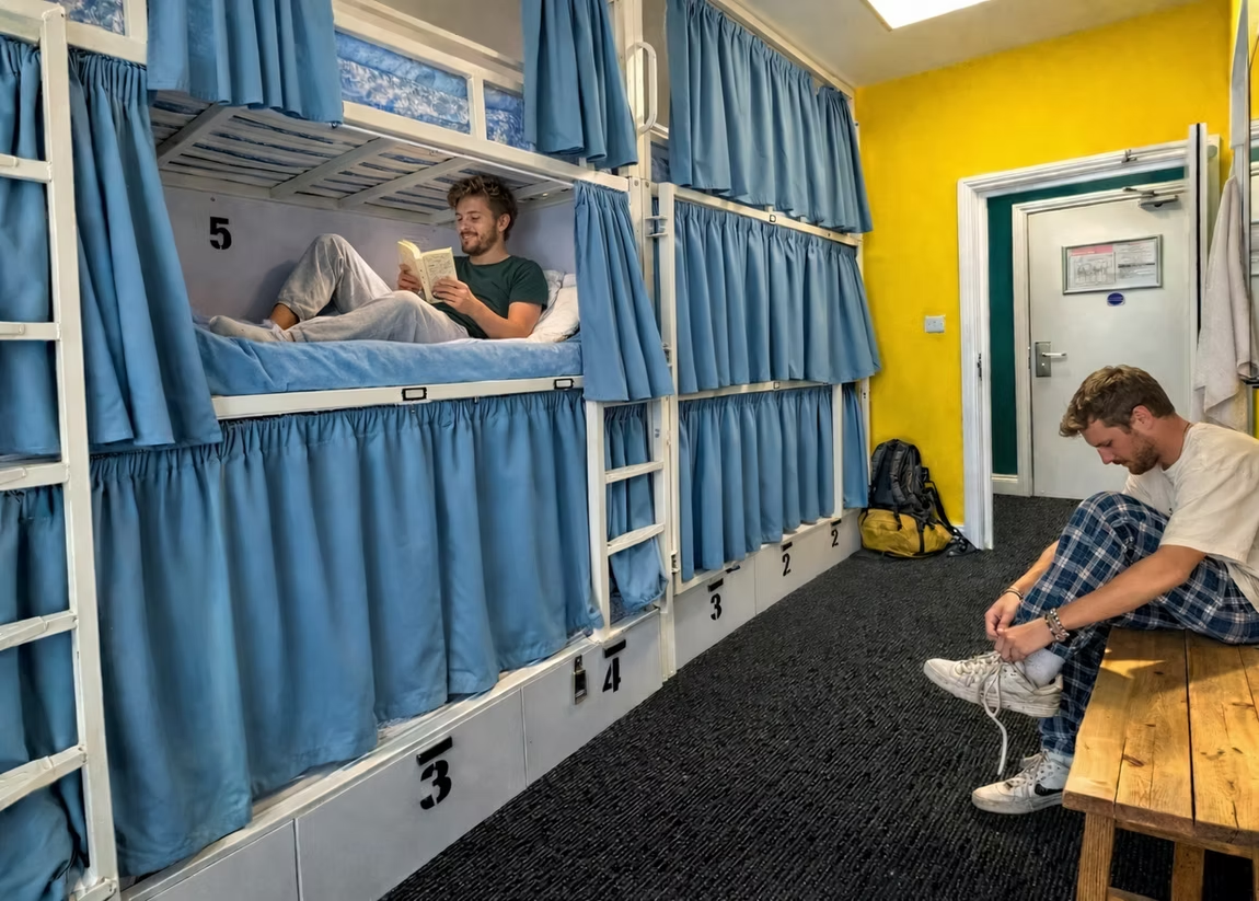 Pod-style bunk beds with privacy curtains