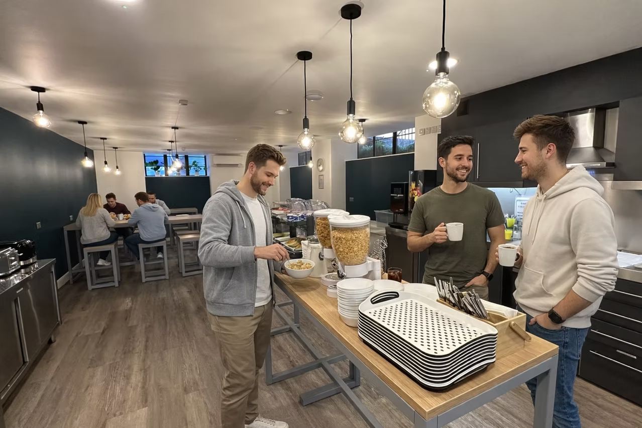 Breakfast setup in the communal dining space