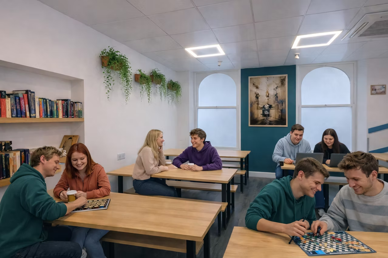 Guests playing board games in the common room