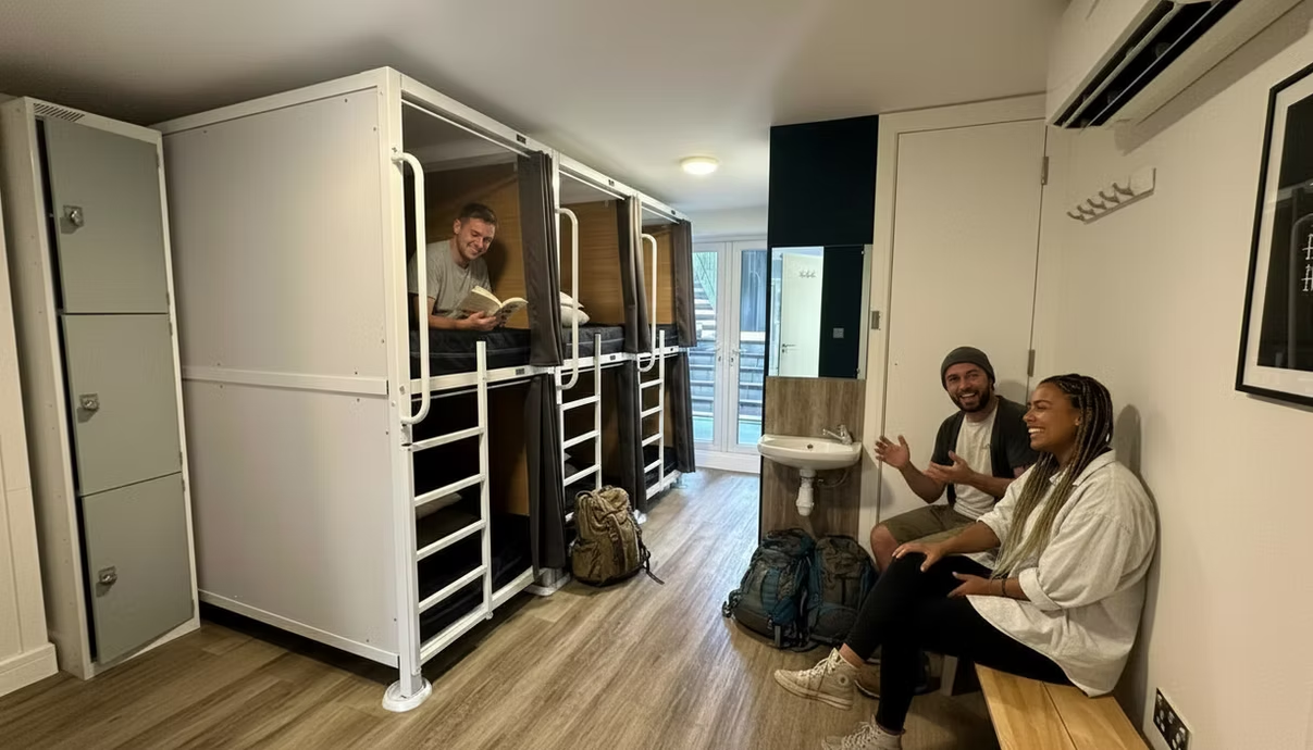 Dorm room with pod beds, lockers, and en-suite sink