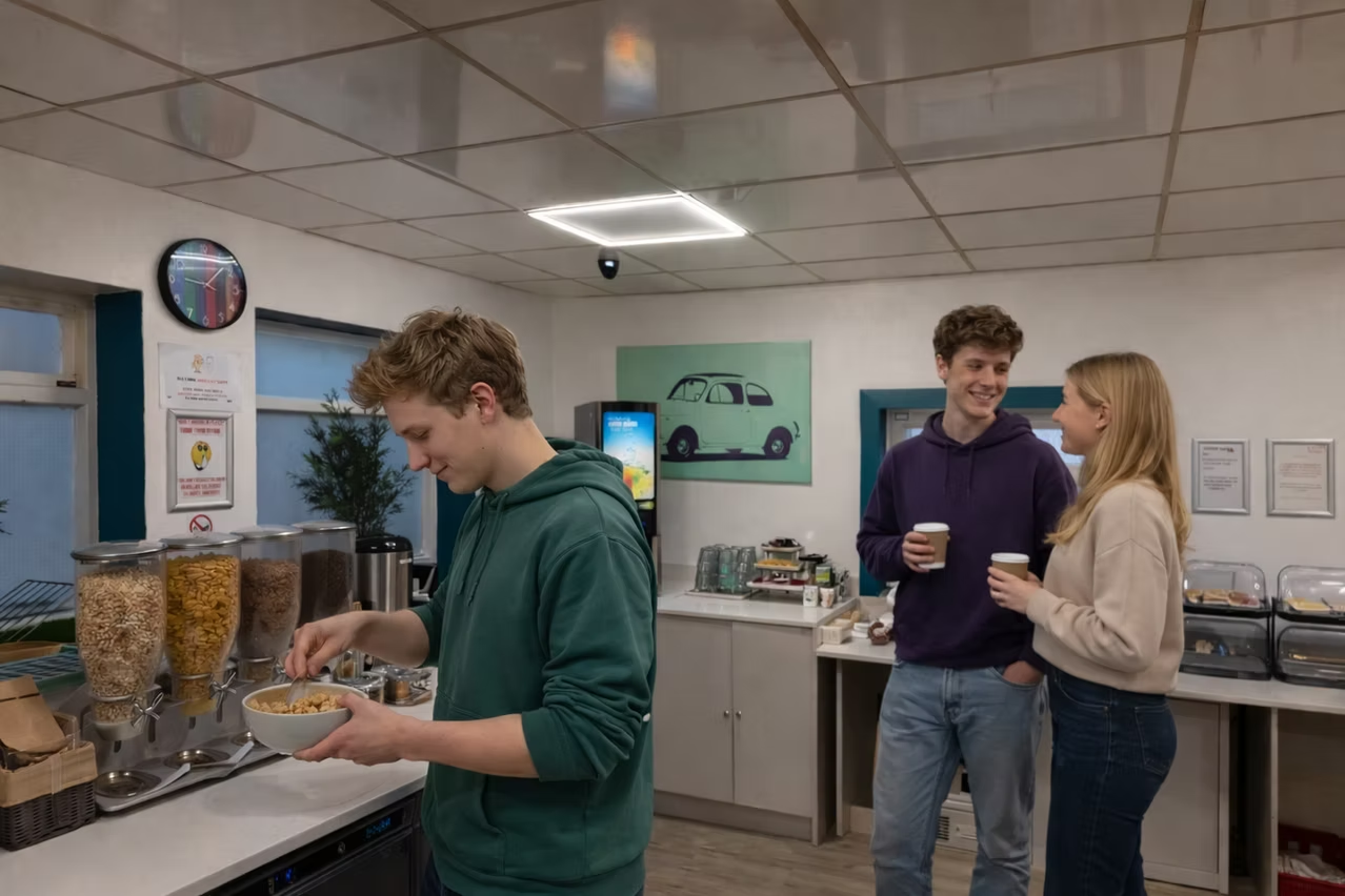 Self-serve breakfast bar with cereals and coffee